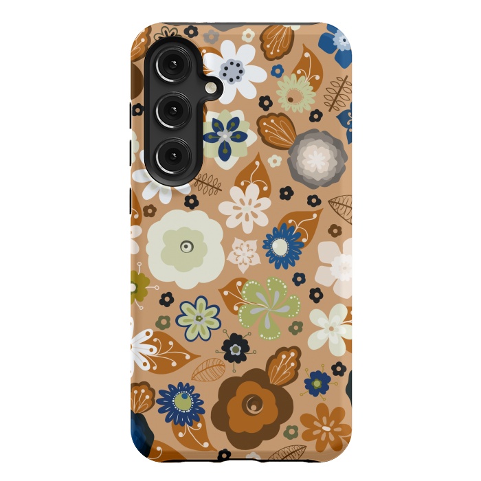 Galaxy S24 Plus StrongFit Kitsch 70s Flowers in Classic Blue and Brown by Paula Ohreen