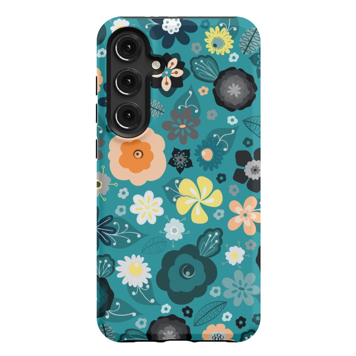 Galaxy S24 Plus StrongFit Kitsch 70s Flowers in Classic Blue and Yellow by Paula Ohreen