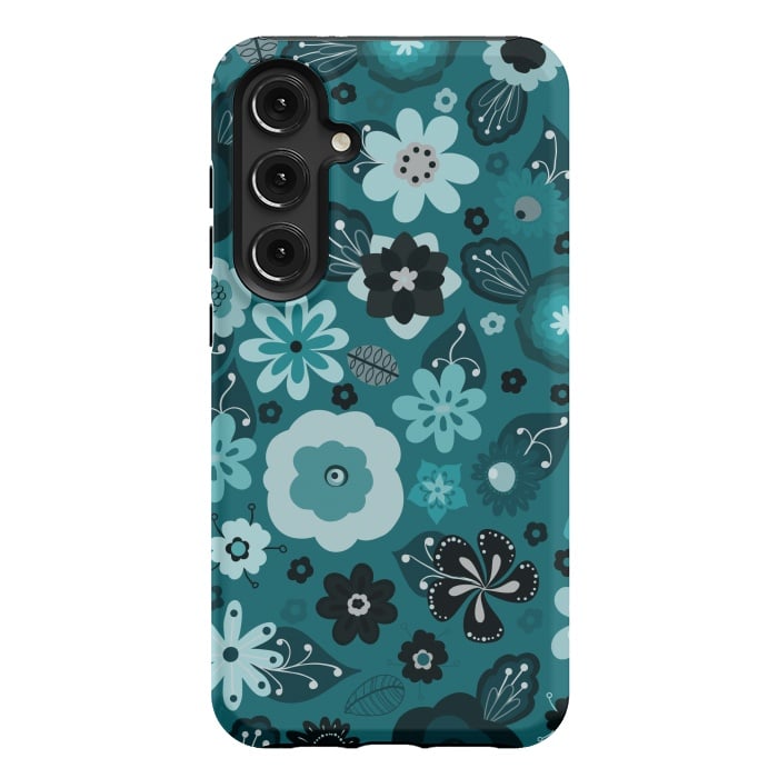 Galaxy S24 Plus StrongFit Kitsch 70s Flowers in Monochrome Classic Blue by Paula Ohreen