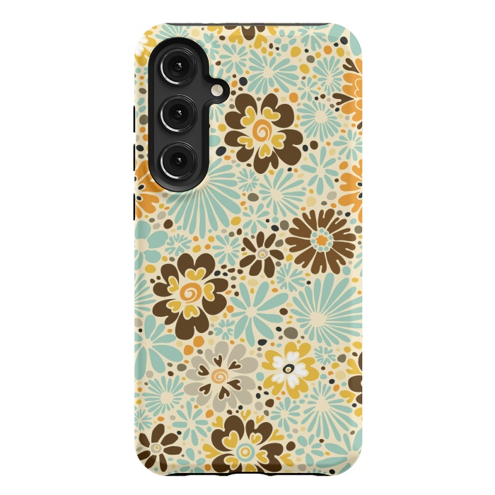 Galaxy S24 Plus StrongFit 70s Valentine Flowers in Orange, Brown and Blue by Paula Ohreen