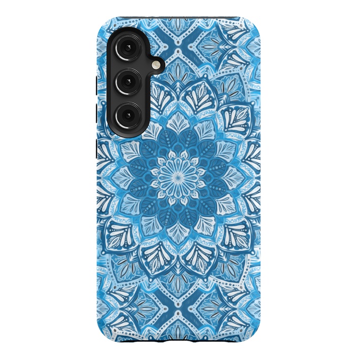 Galaxy S24 Plus StrongFit Boho Mandala in Monochrome Blue and White by Micklyn Le Feuvre