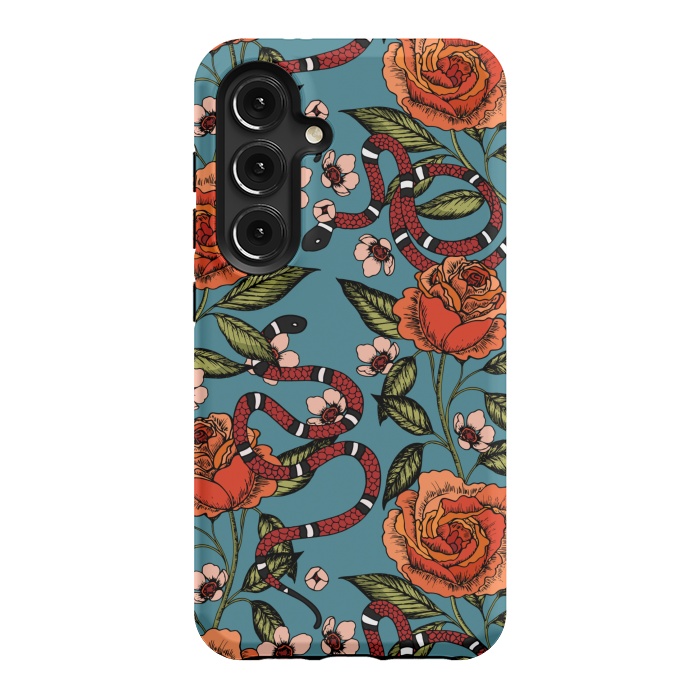 Galaxy S24 StrongFit Roses and snake. Blue pattern by Julia Badeeva