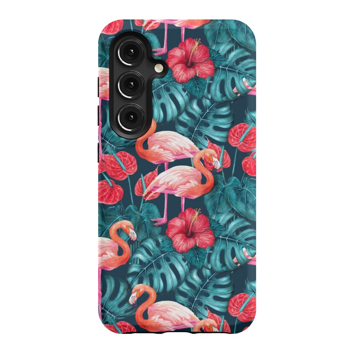 Galaxy S24 StrongFit Flamingo birds and tropical garden watercolor by Katerina Kirilova