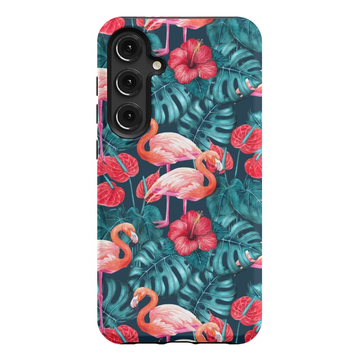 Galaxy S24 Plus StrongFit Flamingo birds and tropical garden watercolor by Katerina Kirilova