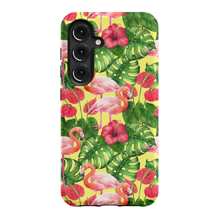 Galaxy S24 StrongFit Flamingo birds and tropical garden watercolor 2 by Katerina Kirilova