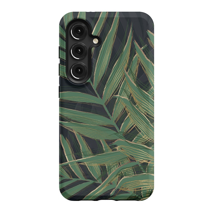 Galaxy S24 StrongFit Trendy Green Palm Leaves Gold Strokes Gray Design by InovArts