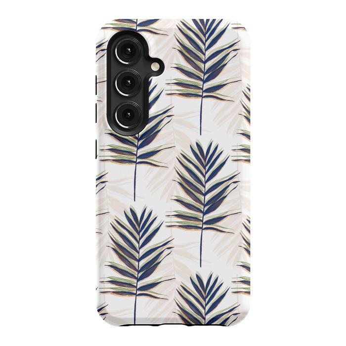 Galaxy S24 StrongFit Modern Blue Palm Leaves Gold Strokes White Design by InovArts