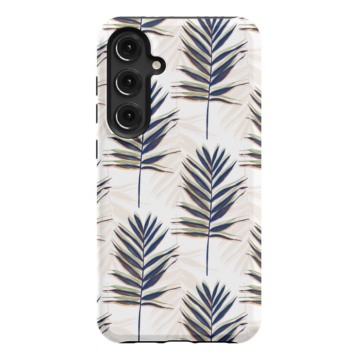 Galaxy S24 Plus StrongFit Modern Blue Palm Leaves Gold Strokes White Design by InovArts