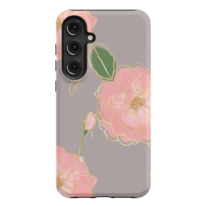 Galaxy S24 Plus StrongFit Elegant Pink & Gold Watercolor Roses Gray Design by InovArts