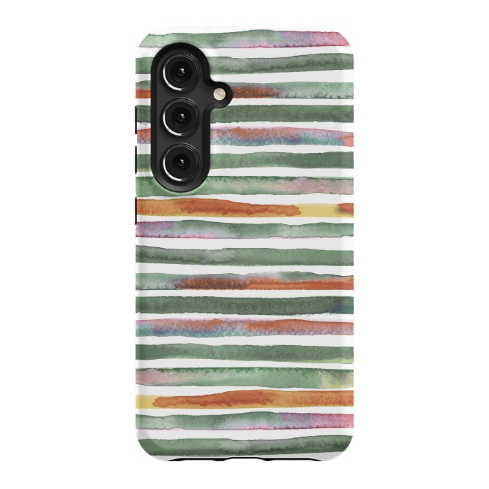 Galaxy S24 StrongFit Watercolor Stripes and Lines Green Orange by Ninola Design