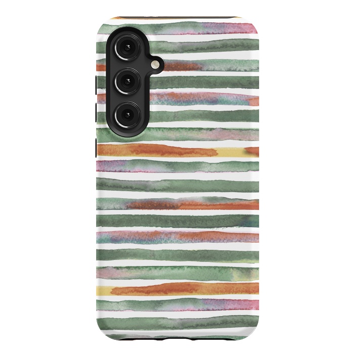 Galaxy S24 Plus StrongFit Watercolor Stripes and Lines Green Orange by Ninola Design