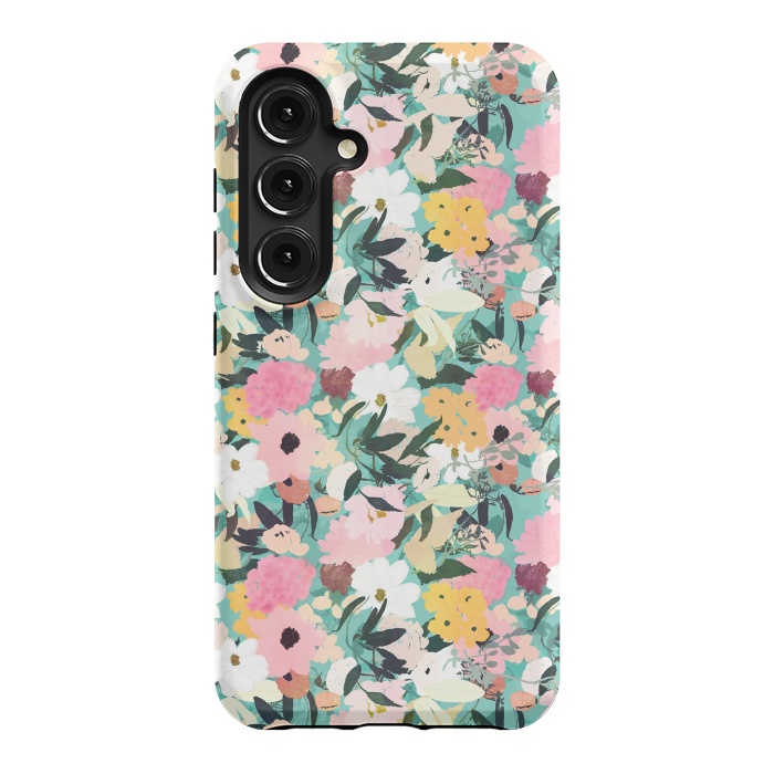 Galaxy S24 StrongFit Pretty Watercolor Pink & White Floral Green Design by InovArts