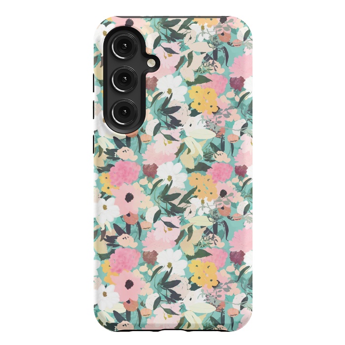 Galaxy S24 Plus StrongFit Pretty Watercolor Pink & White Floral Green Design by InovArts