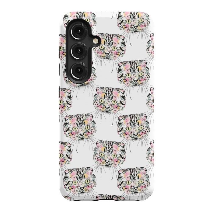 Galaxy S24 StrongFit Cute Pink Cat & watercolor flowers Animal Pattern by InovArts