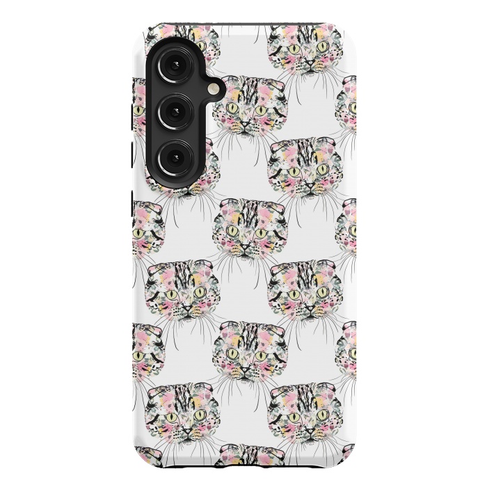 Galaxy S24 Plus StrongFit Cute Pink Cat & watercolor flowers Animal Pattern by InovArts