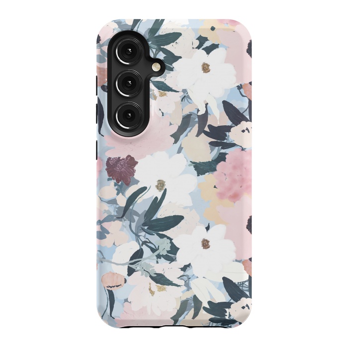 Galaxy S24 StrongFit Pretty Grayish Blue Watercolor Pink & White Floral Design by InovArts