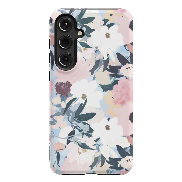 Galaxy S24 Plus StrongFit Pretty Grayish Blue Watercolor Pink & White Floral Design by InovArts