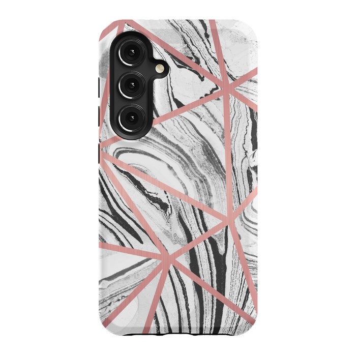 Galaxy S24 StrongFit White marble with black stripes and rose gold triangles by Oana 