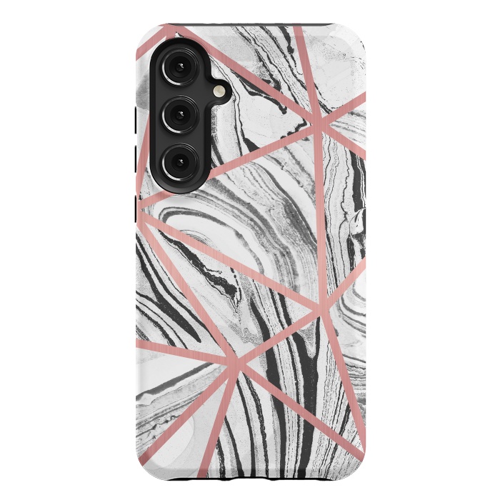 Galaxy S24 Plus StrongFit White marble with black stripes and rose gold triangles by Oana 