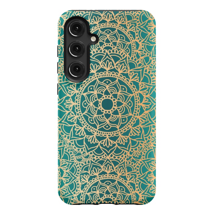 Galaxy S24 Plus StrongFit Teal Green and Yellow Mandala Pattern by Julie Erin Designs