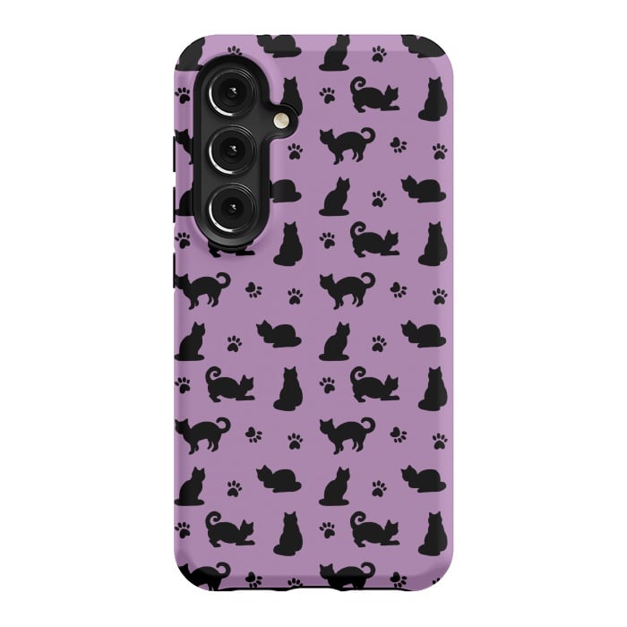Galaxy S24 StrongFit Black and Purple Cats and Paw Prints Pattern by Julie Erin Designs