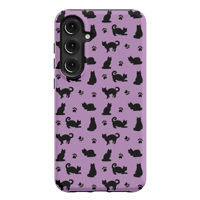 Galaxy S24 Plus StrongFit Black and Purple Cats and Paw Prints Pattern by Julie Erin Designs