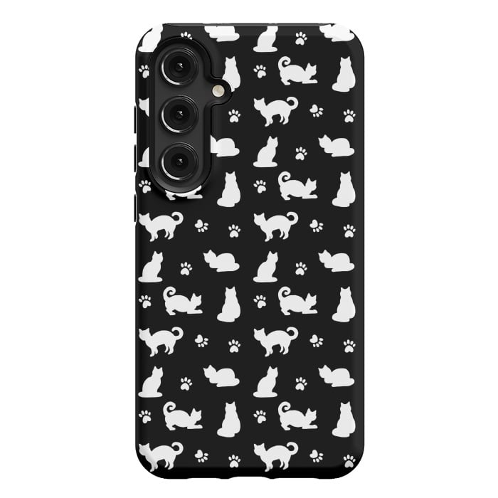 Galaxy S24 Plus StrongFit Black and White Cats and Paw Prints Pattern by Julie Erin Designs