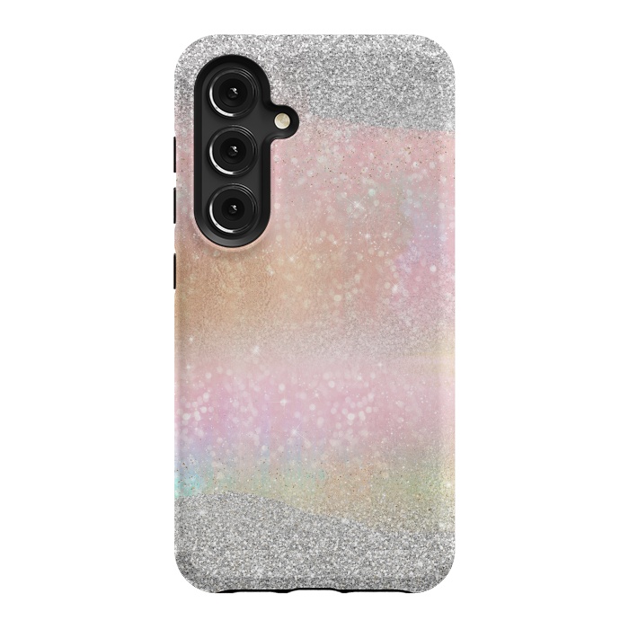 Galaxy S24 StrongFit Elegant Silver Gold strokes rainbow glow Glitter abstract image by InovArts