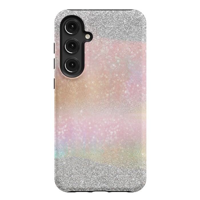 Galaxy S24 Plus StrongFit Elegant Silver Gold strokes rainbow glow Glitter abstract image by InovArts