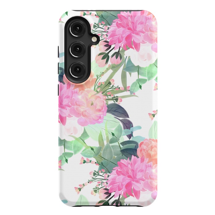 Galaxy S24 Plus StrongFit Girly Pink & White Flowers Watercolor Paint by InovArts