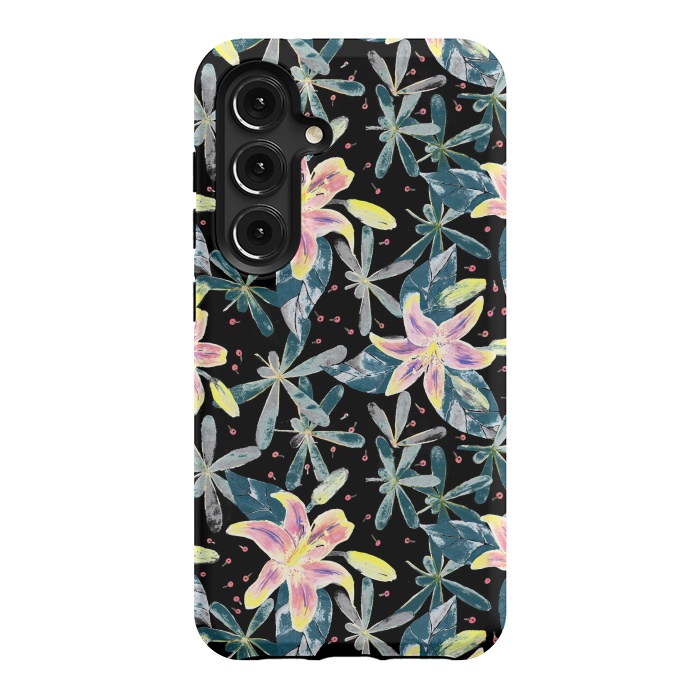 Galaxy S24 StrongFit Painted flowers and tropical leaves - dark green by Oana 