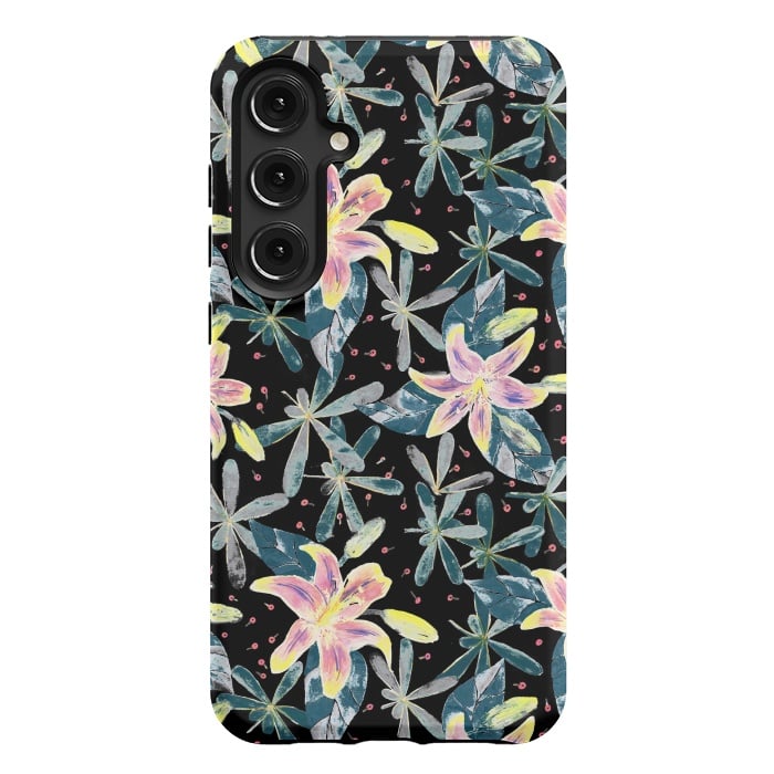 Galaxy S24 Plus StrongFit Painted flowers and tropical leaves - dark green by Oana 