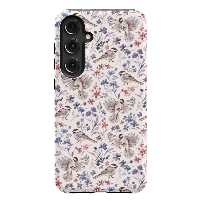 Galaxy S24 Plus StrongFit Chickadees and Wildflowers on Cream by Micklyn Le Feuvre