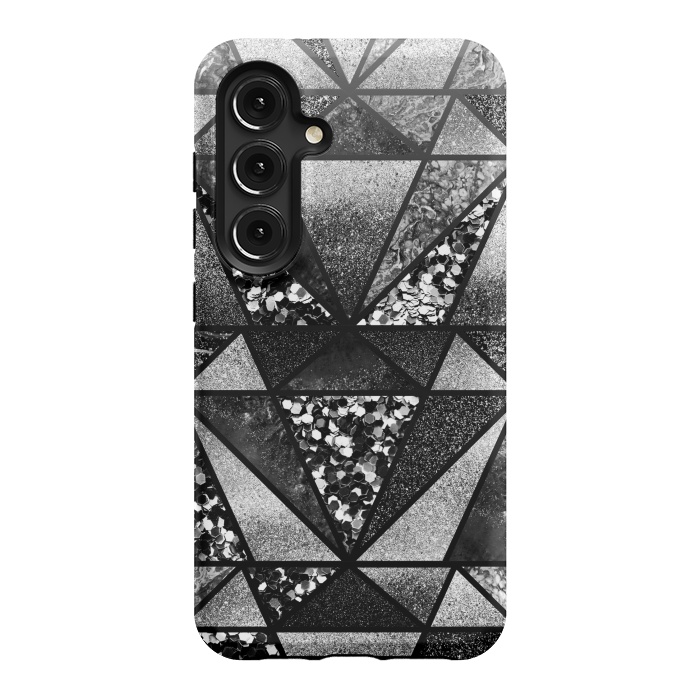 Galaxy S24 StrongFit Black and silver glitter sparkle triangles by Oana 
