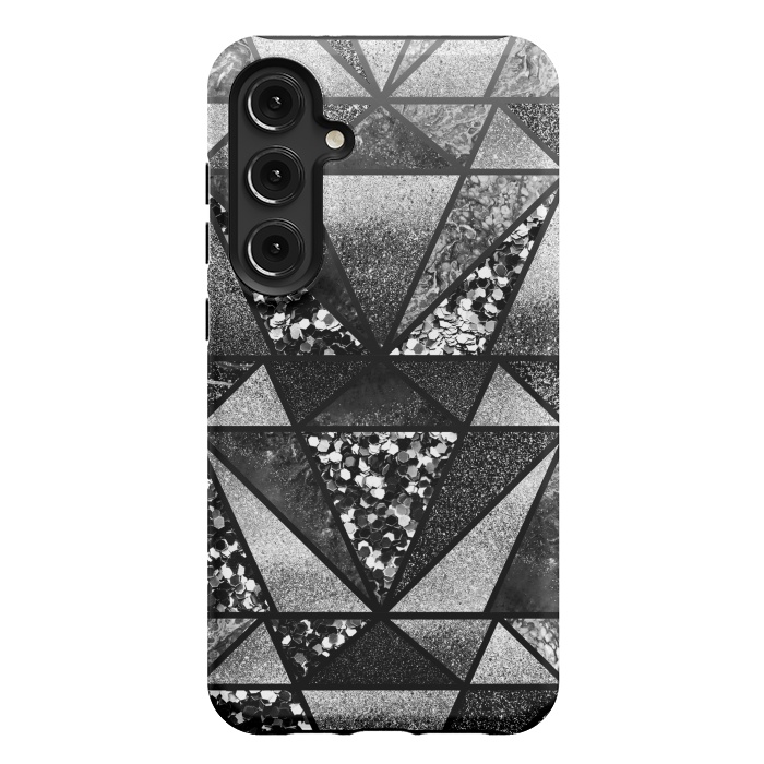 Galaxy S24 Plus StrongFit Black and silver glitter sparkle triangles by Oana 