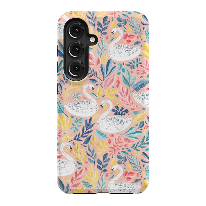 Galaxy S24 StrongFit Whimsical White Swans and Colorful Leaves on Pale Peach Pink by Micklyn Le Feuvre