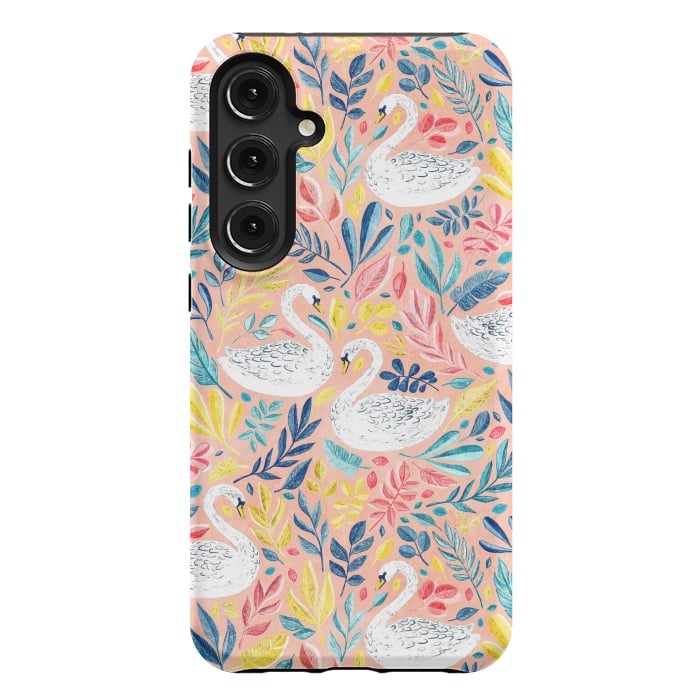 Galaxy S24 Plus StrongFit Whimsical White Swans and Colorful Leaves on Pale Peach Pink by Micklyn Le Feuvre