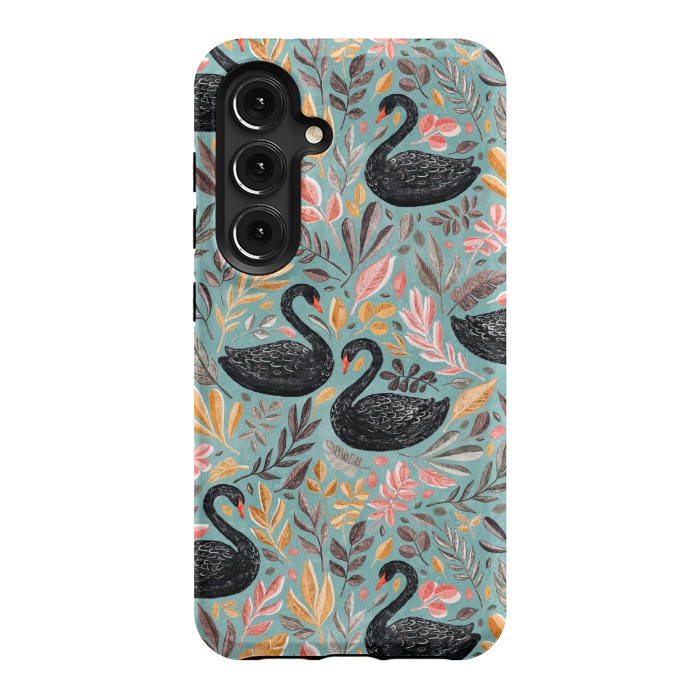 Galaxy S24 StrongFit Bonny Black Swans with Autumn Leaves on Sage by Micklyn Le Feuvre