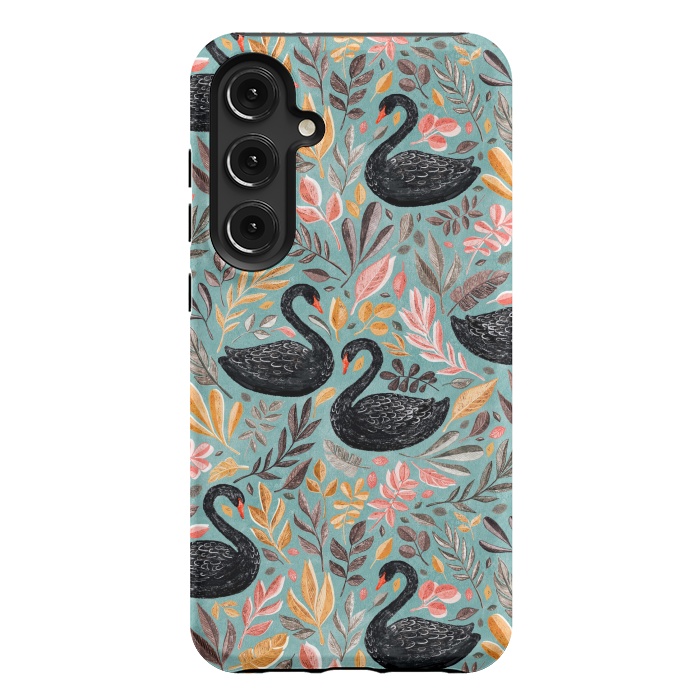 Galaxy S24 Plus StrongFit Bonny Black Swans with Autumn Leaves on Sage by Micklyn Le Feuvre