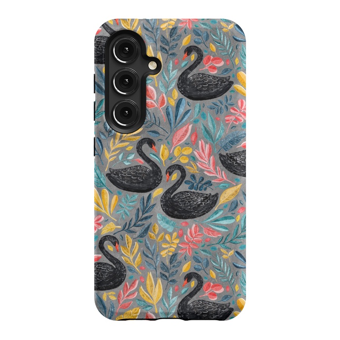 Galaxy S24 StrongFit Bonny Black Swans with Lots of Leaves on Grey by Micklyn Le Feuvre
