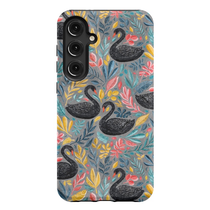 Galaxy S24 Plus StrongFit Bonny Black Swans with Lots of Leaves on Grey by Micklyn Le Feuvre