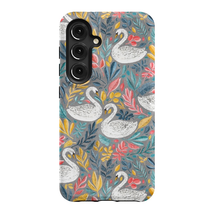 Galaxy S24 StrongFit Whimsical White Swans with Lots of Leaves on Grey by Micklyn Le Feuvre
