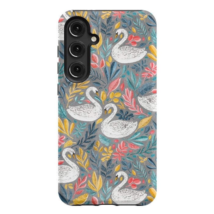 Galaxy S24 Plus StrongFit Whimsical White Swans with Lots of Leaves on Grey by Micklyn Le Feuvre