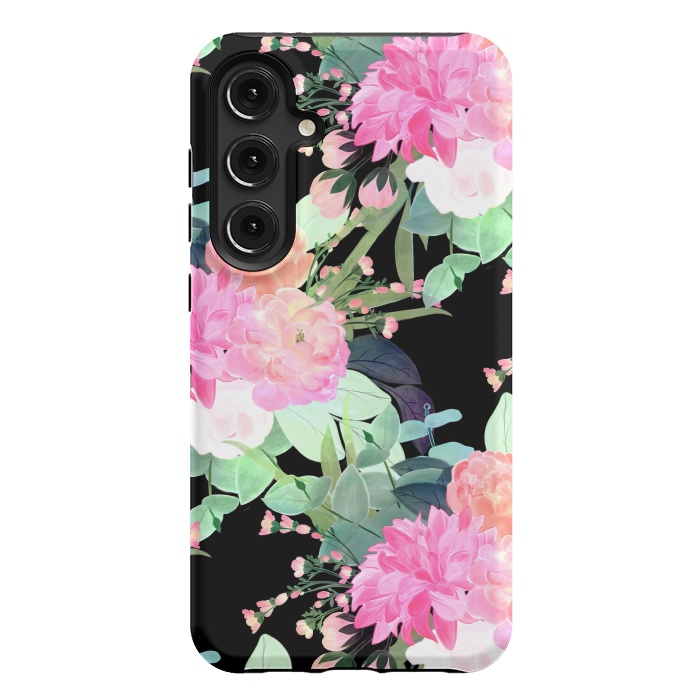 Galaxy S24 Plus StrongFit Trendy Pink & Black Flowers Watercolor Design by InovArts