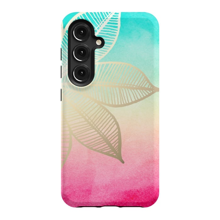 Galaxy S24 StrongFit Gold Flower on Turquoise and Pink Watercolor by Tangerine-Tane