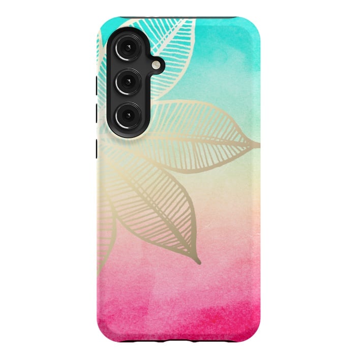 Galaxy S24 Plus StrongFit Gold Flower on Turquoise and Pink Watercolor by Tangerine-Tane