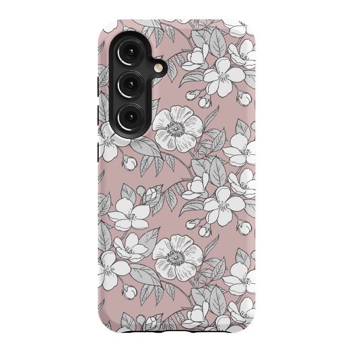 Galaxy S24 StrongFit White Cherry flowers line art drawing on pink by Oana 