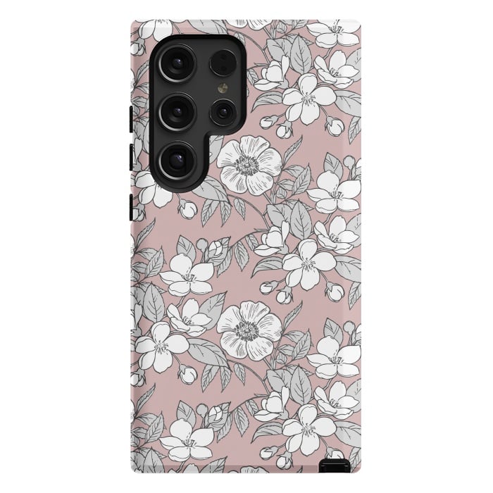Galaxy S24 Ultra StrongFit White Cherry flowers line art drawing on pink by Oana 