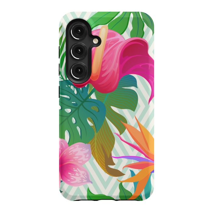 Galaxy S24 StrongFit Exotic Flowers and Leaves in Geometric Decoration by ArtsCase