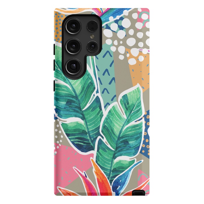 Galaxy S24 Ultra StrongFit Tropical Flowers Watercolors with Geometric Outline by ArtsCase